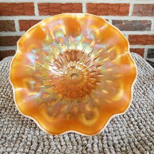 Antique Marigold Peach Opal Raindrop Carnival Glass Footed Bowl